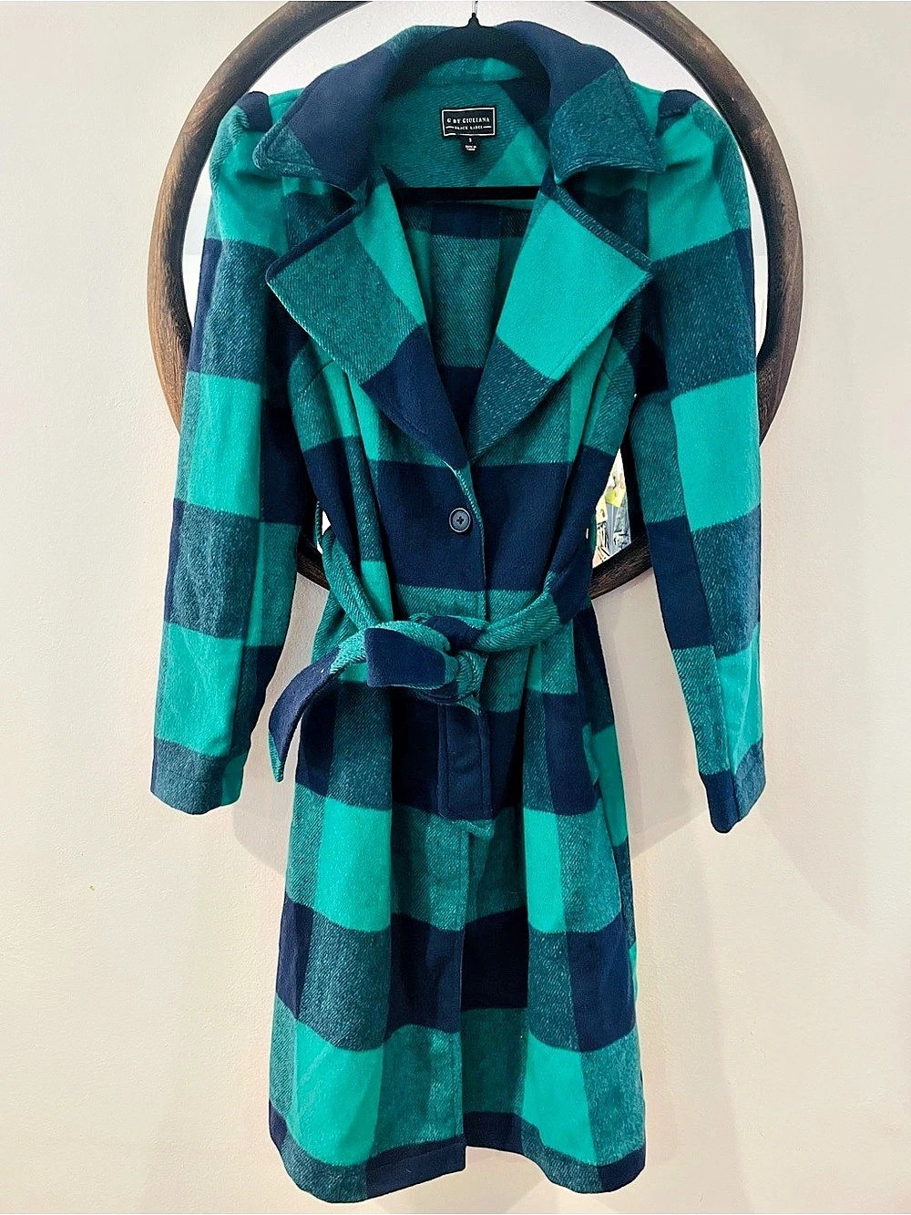 G by Giuliana Black Label Plaid Trench Coat Green & Blue Small